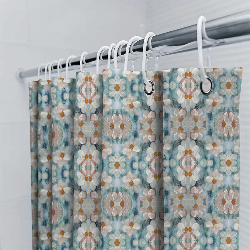 Decorative Shower Curtain Floral Print with White Flowers Blue and Orange PatternLong Size for Bathroom Decorations Perfect Gift