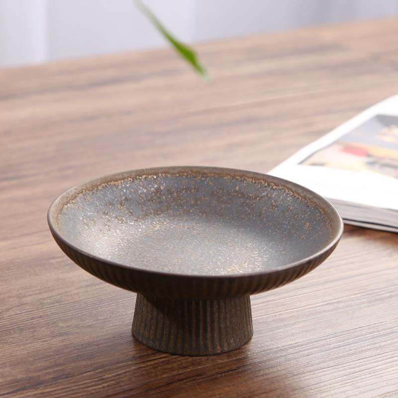 Chinese Retro Glazed Ceramic Plate High Foot Fruit Dish Japanese Zen Tea Tray for Home