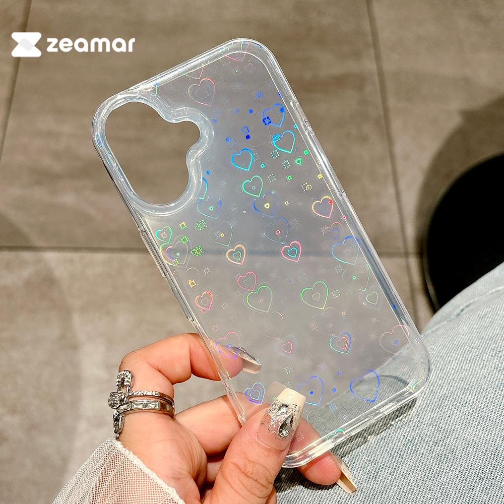 Holographic Laser Love Heart Clear Case For iPhone 16 15 14 13 12 Mini 11 Pro X XS XR Max 8 7 Plus SE Shockproof Silicone Cover