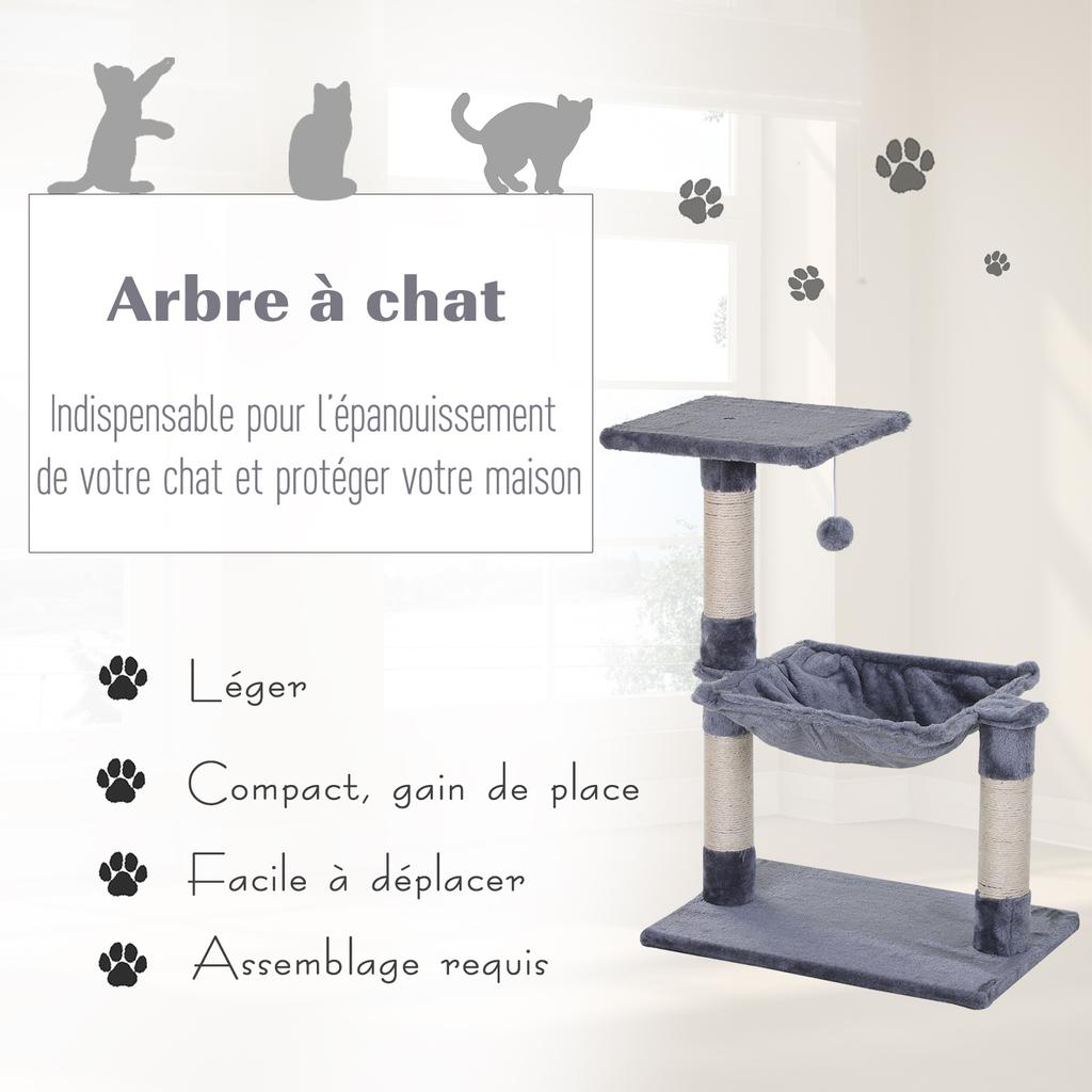 Cat Tree, 3 Sisal Posts, Platform, Hammock, 50 x 36 x 70 cm, Grey