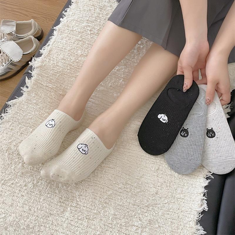 Cartoon Cute Cat-embroidered Boat Socks for Women, Summer Thin, Anti-slip, Non-dropping and Invisible Cotton Socks, Shallow Socks