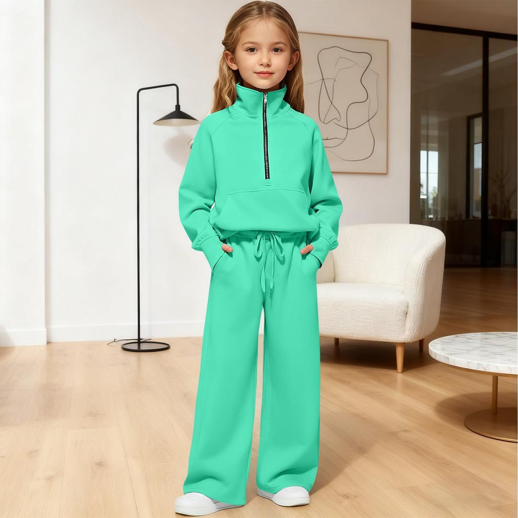 Girls' High,Neck Half,Zip Sweatshirt + Long Pants Sports Fleece Casual Children's Set