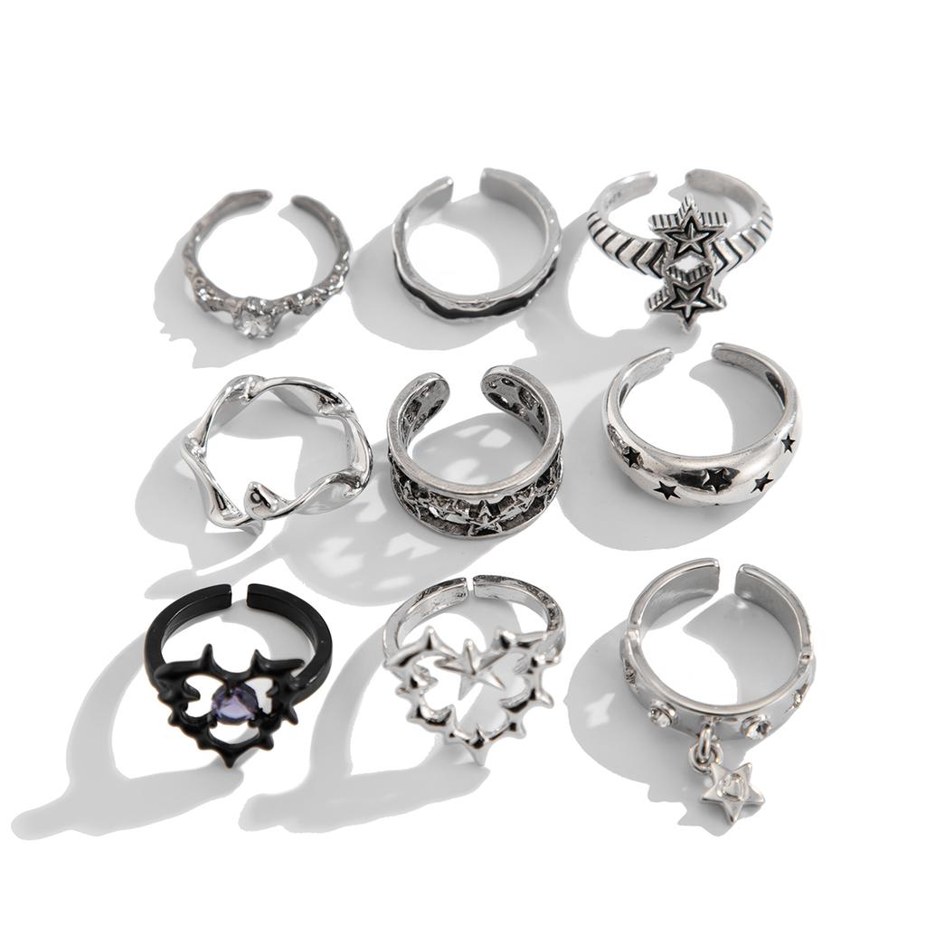 Ingemark 9Pcs/Set Goth Ancient Silver Color Open Rings for Men 2026 Trend Vintage Metal Star Hollow Bat Shape Rings Male Jewelry