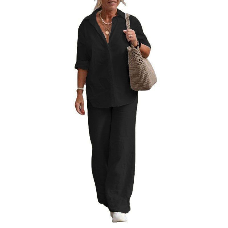 Lapel Long sleeve Shirts Spring and Autumn Leisure Solid Color Pants Wide Leg Suit Casual Top and Pants Set