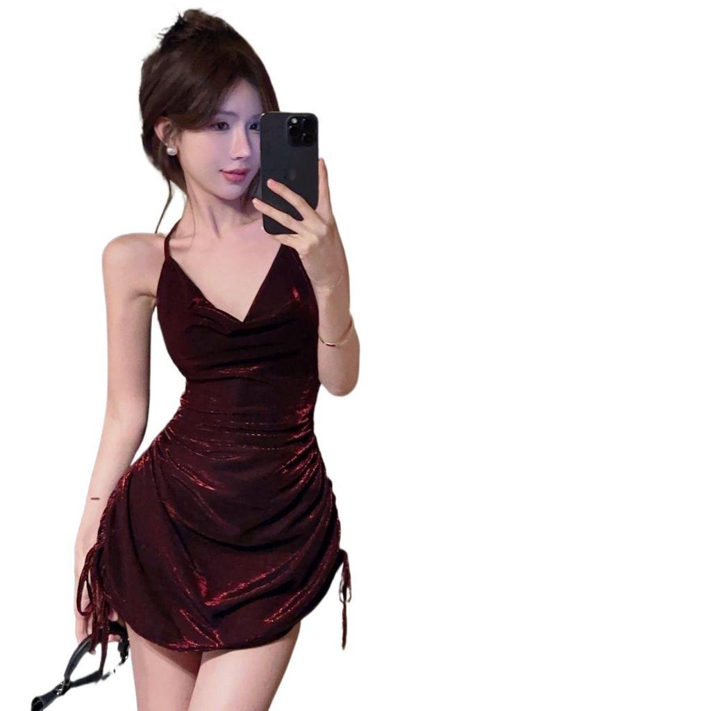 Summer new scheming, pure desire, Spice Girl drawstring, waist repair, suspender, swing collar, backless hip-wrapped dress for women