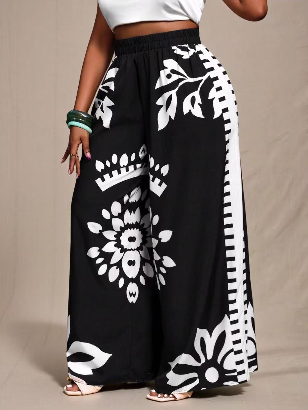 Plus-Size Women s Bohemian Print Wide-Leg Pants 4XL