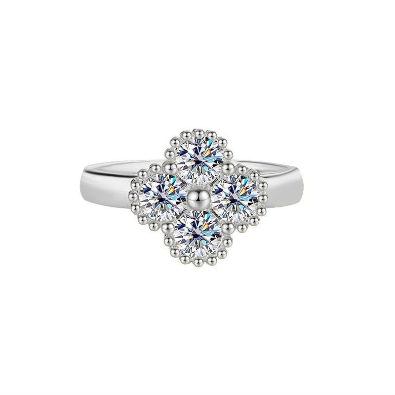 LinkerLove Moissanite Four-leaf Clover Ring for Women S925 Silver Diamond Wedding Band Couple Promise Engagement Ring