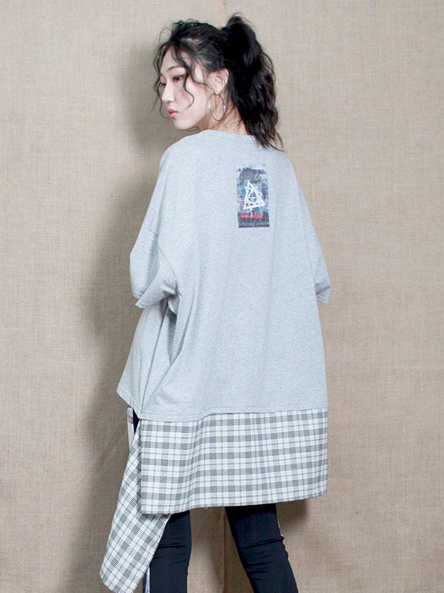 Deumakeu Unisex Pin Check Lab Short Sleeve Oversized T-Shirt Gray
