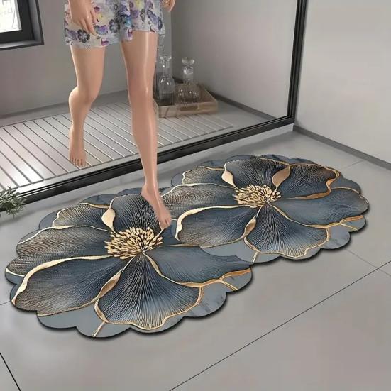 Scalloped Flower Rug Diatomaceous Earth Floor Mat Non-Slip Absorbent Bathroom Rug Floral Doormat for Home Kitchen Bedroom Entrance
