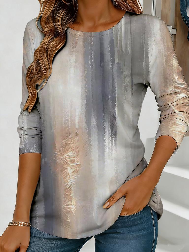Women's abstract watercolor print long-sleeved loose round neck top, casual everyday street style with elegant design.