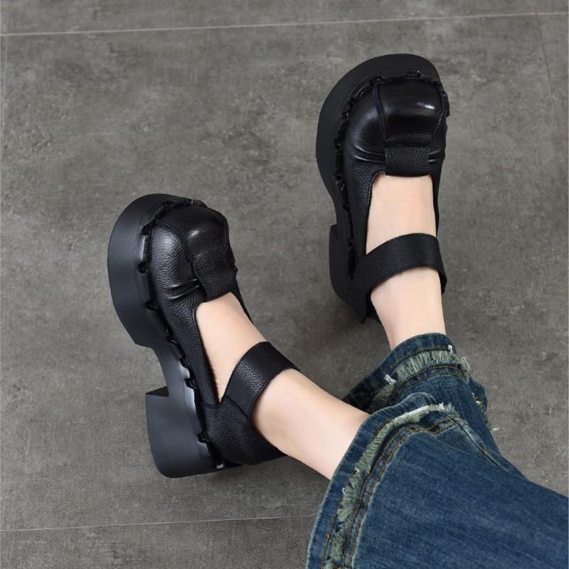 Johnature Thick Soled High Heels Pumps Genuine Leather Retro Round Toe Thick Heeled Women's Shoes