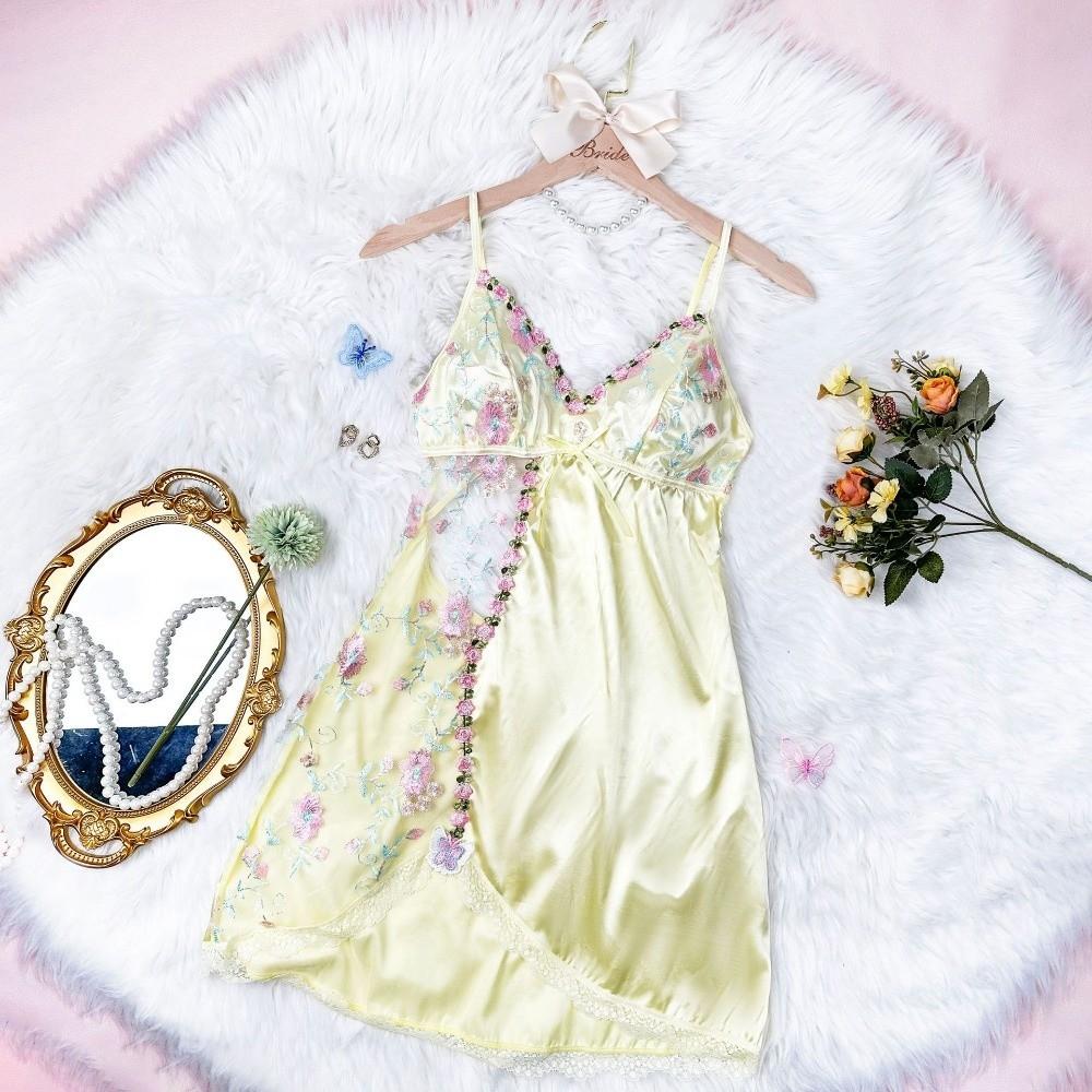Embroidered Women's Pajama Dress Thin Lace Bow Slim Sling Nightgown  Party Club