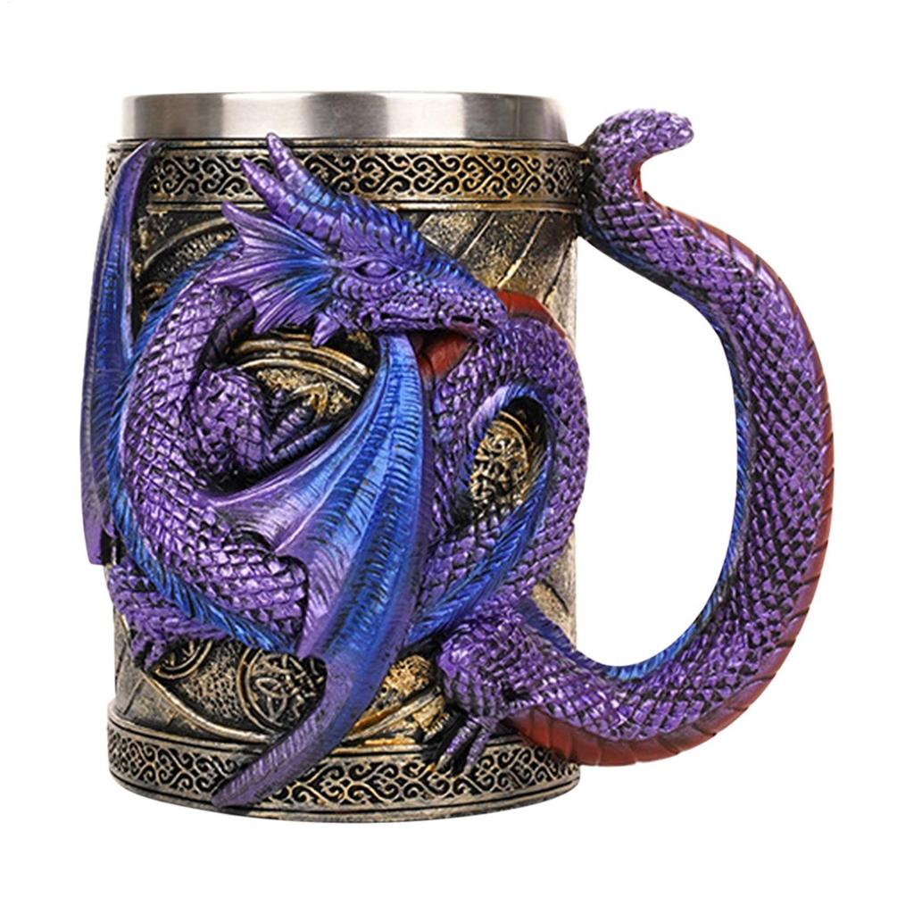 Medieval Double Dragon Goblet Creative 3D Beer Mug Resin Stainless Steel Coffee Mug Wine Cup Retro Dragon Beer Mug Coffee Cup