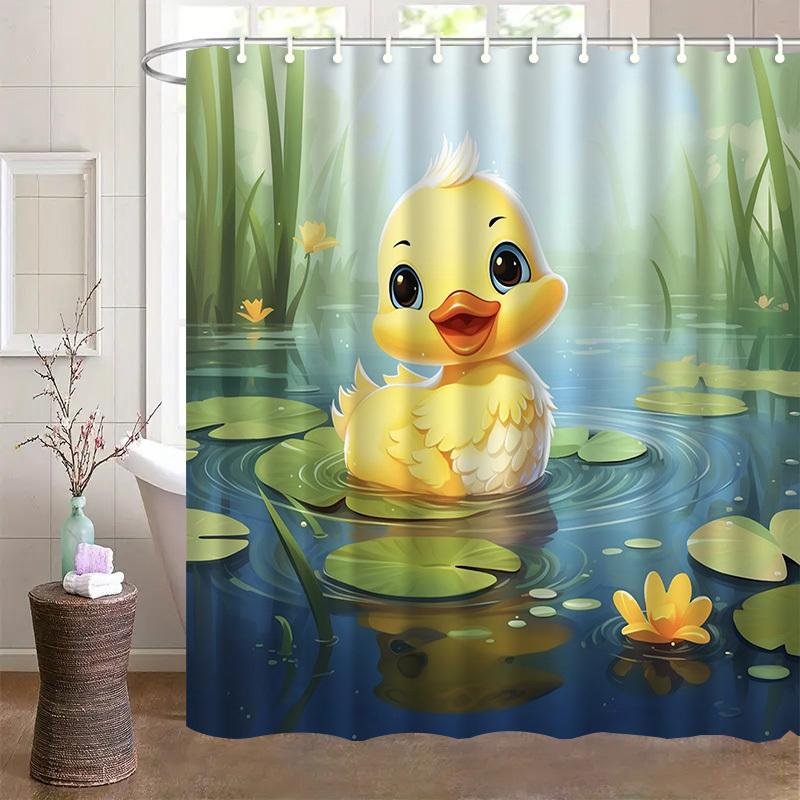 Annier Adorable Duck Shower Curtain With Lily Pad Design - Perfect For Kids' Bathroom Decor. High-Quality Fabric Ensures Durability.