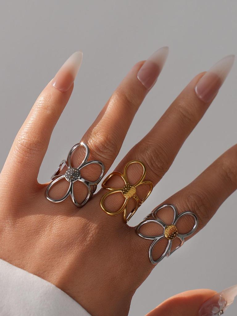 High-End Stainless Steel Mixed Gold & Silver Hollow Flower Ring for Women