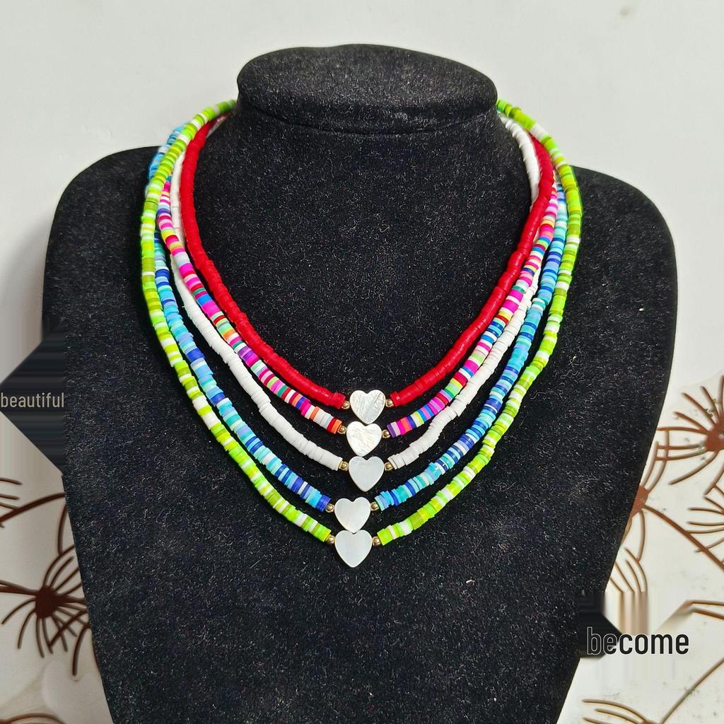 Multicolor Polymer Clay Shell & Peach Heart Pendant Necklace