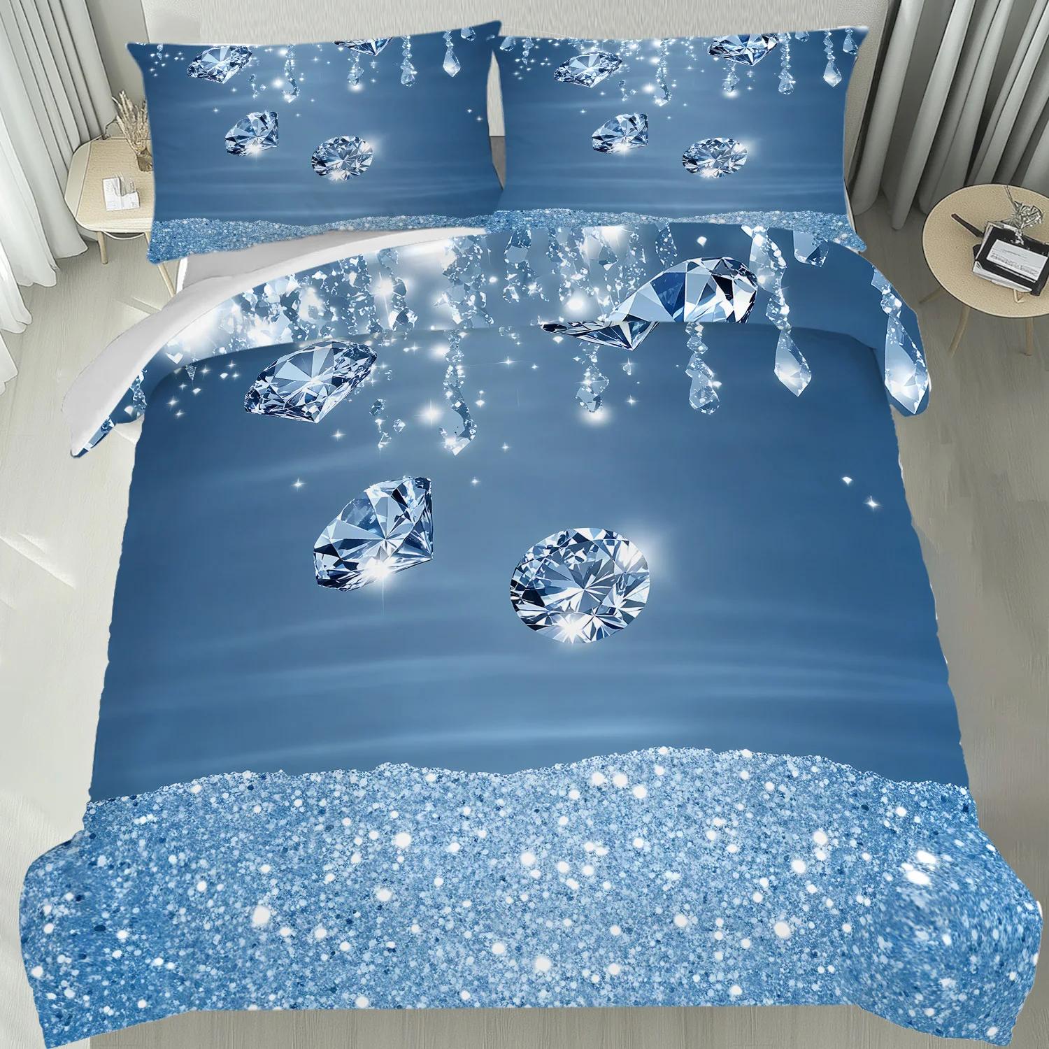 

Latacaca 3Pcs Blue Diamond Sparkle Duvet Cover Set Luxury Cozy Themed Bedding Includes One Quilt Cover And Two Pillowcases EU Twin(135x200cm)