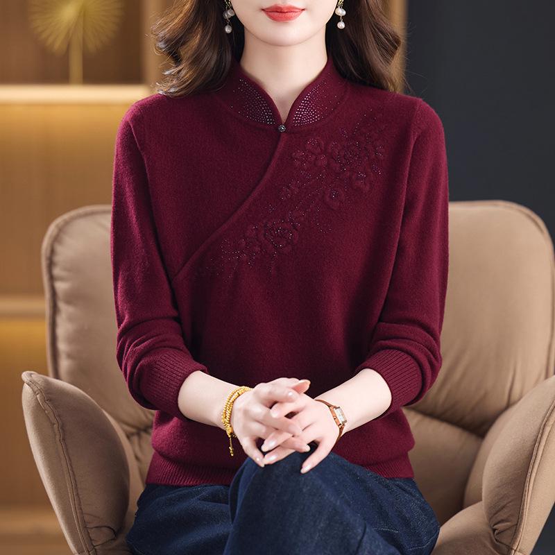 100% Pure Wool Embroidered Qipao Collar Sweater - Red, Age-Defying Knit Base Layer for Women