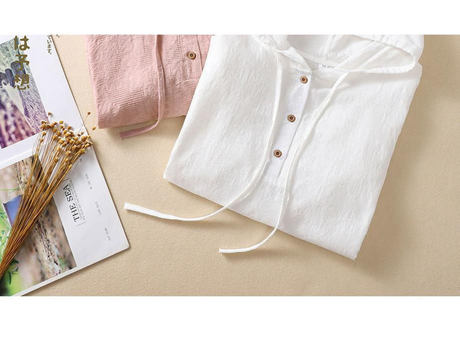 2024 Summer Women's Hooded Cotton-Linen Shirt: Chinese Style Jacquard Embroidered Casual Top