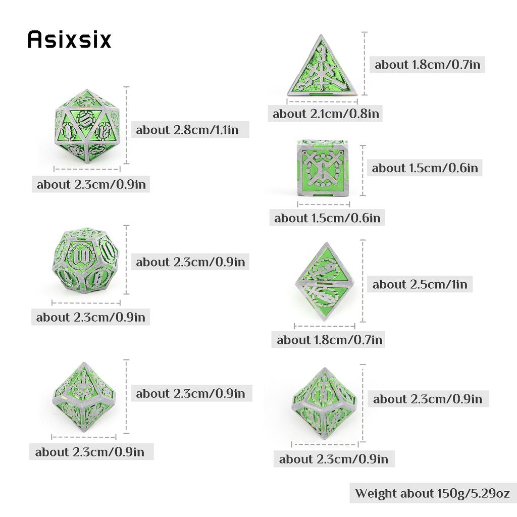 7 Pcs Green Silver Double Swords Metal Dice Solid Polyhedral Dice Set Suitable for Role-Playing RPG   Pathfinder Board Game