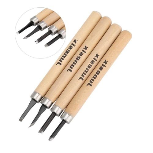 Wood Carving Tool Set, 4-Piece Set with Chisels, Extra Fine, Round, and Extra Fine, for Beginners, Manual Sharpener, Rubber Stamp, Knife Carving Tool