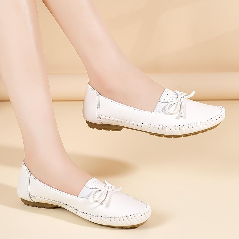 Women's White Leather Driving Moccasins Grey Flats Casual Slip On Plus Size Walking Summer Maternity Shoes
