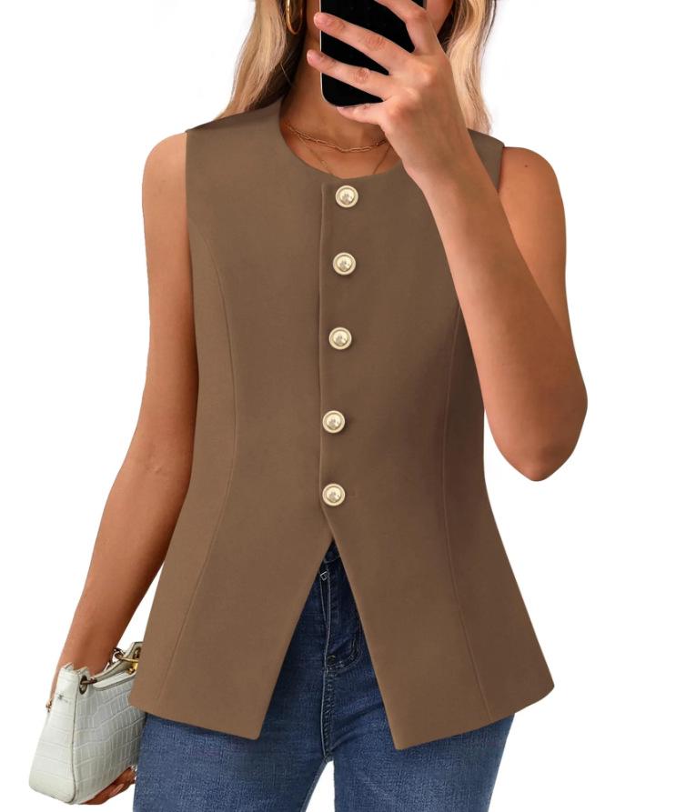 

2025 Женский европейский и американский модный жилет без рукавов с круглым вырезом XXL кофейный