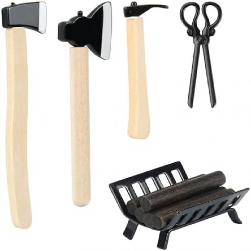 Wichtel Miniature Tool Set - 3 Piece Mini Axe with Firewood Accessories for Dollhouse, Miniature Models & Fairy Garden Decor