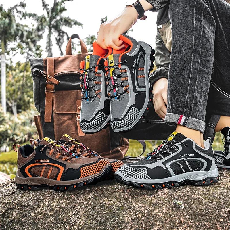 Fashion Men Hiking Shoes Leather Outdoor Trail Running Shoes Anti-slip Casual Hiking Training Sneakers Zapatillas Para Hombre Masculino