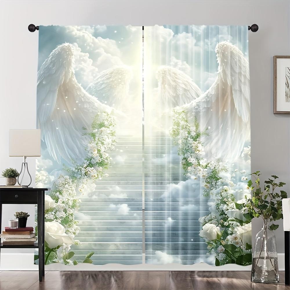 2pcs Shimmering White Angel Wings & Floral Curtains – for Kitchen   Caf   Office   Living Room & Bedroom Decor