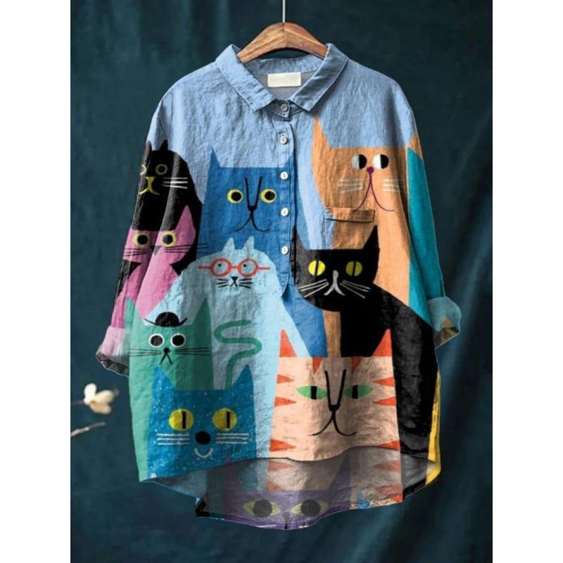 Tier Blumenmuster Bedruckte Hemden Hawaii Polyester Freizeit Langärmlig Damenblusen & Hemden