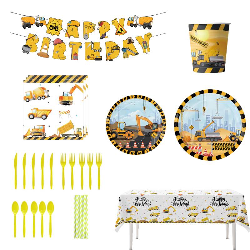 Construction Birthday Themed Party Decoration Supplies Tablecloth Cutlery Banner