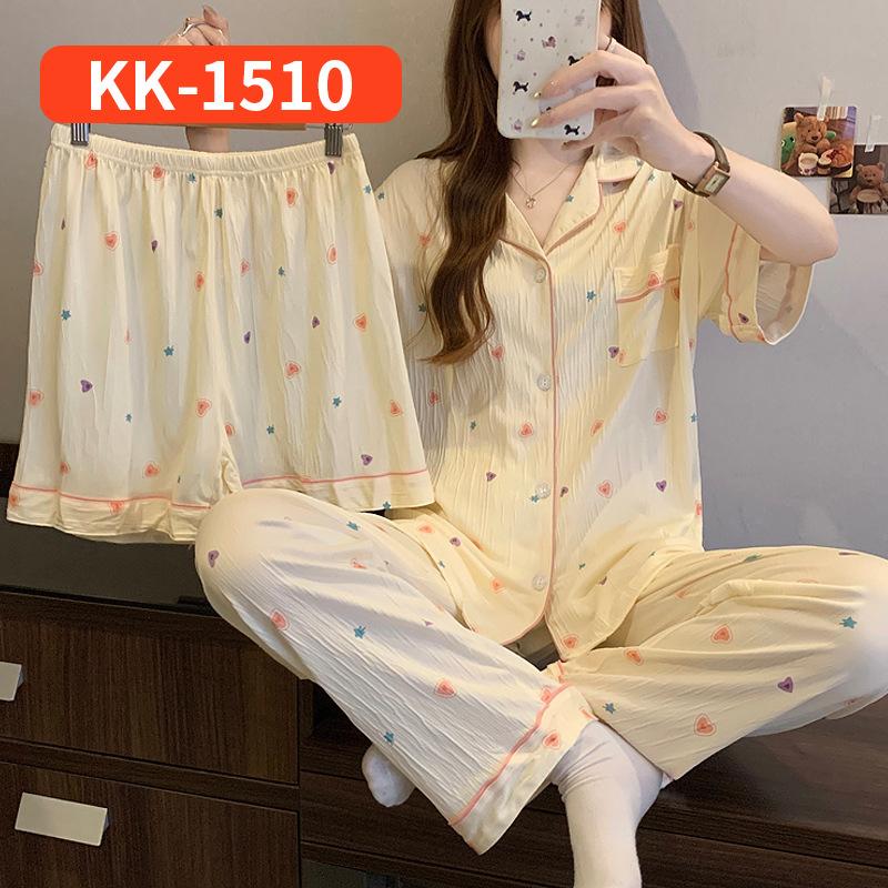Retro Small Floral High-End Wrinkled Cloth Pajamas Women'S Summer Casual Homewear Short-Sleeved Three-Piece Set