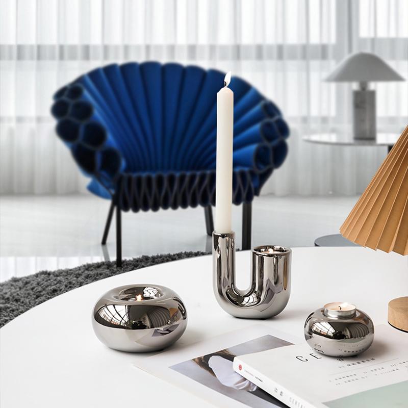 Luxury Electroplating Silver Candlestick Holder Modern Living Room Office Art Decoration Creative Ceramic Cylinder Candle Holder