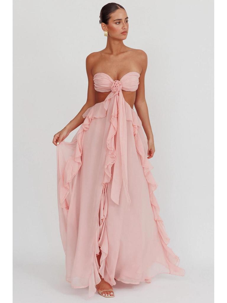European & American 2026 Women's Elegant Chiffon Ruffle Slit Long Dress