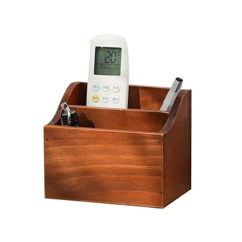 In-Stock Wooden Desktop Storage Box: Two-Compartment Pen Holder & Remote Control Organizer for Office or Living Room.