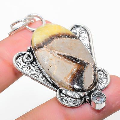 Natural Septerian Stone, White Topaz 925 Sterling Silver Pendant 2.40" i6W66