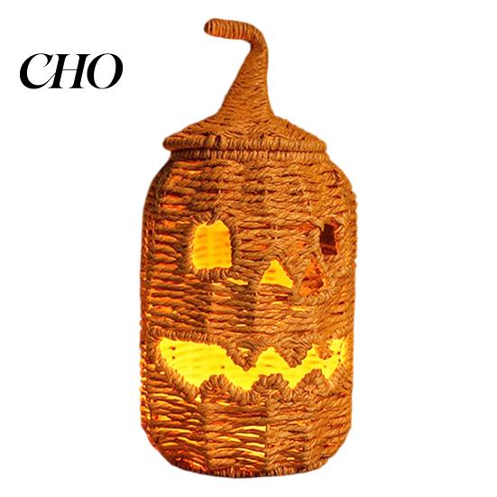 Cesta de Calabaza Tejida a Mano Cesta de Halloween Tejida a Mano, Almacenamiento Espeluznante de Caramelos con Tapa, Decoración de Sombrero de Bruja de Mimbre Vintage Linterna Iluminada Vela LED