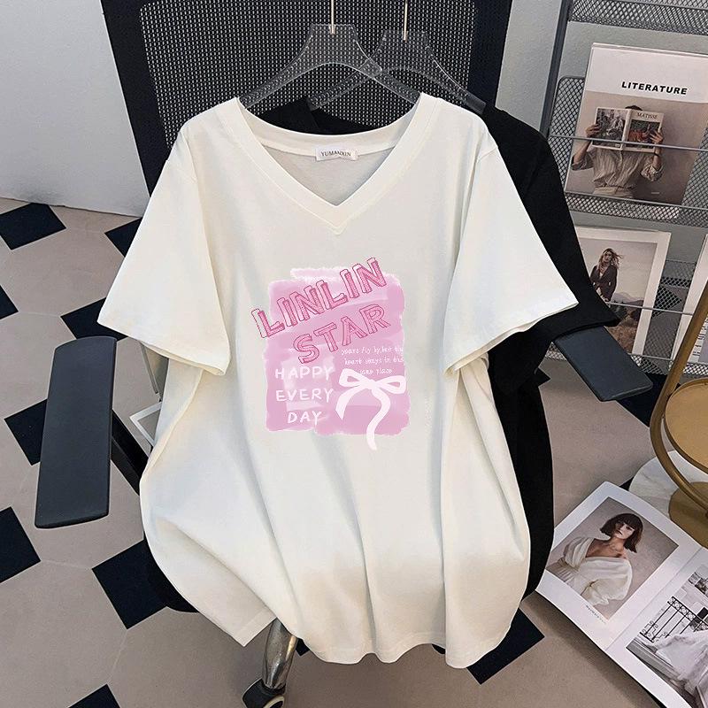 

Women s Plus Size V-Neck Slimming Loose Mid-Length Short-Sleeve T-Shirt, 200/300/350 Jin 5XL