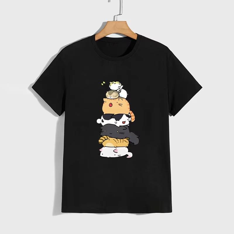 Cute Cat Pattern Tshirt High Grade 100 Cotton Short Sleeve Top 2026 Summer Unisex Unisex Daily Casual Fashion Tees Unisex Clothes