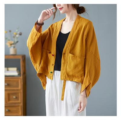 Plus Size Damen Vintage Langarm Strickjacke Herbst Lose Oberteile Baumwolle Leinen Weibliche Casual Crop Mäntel