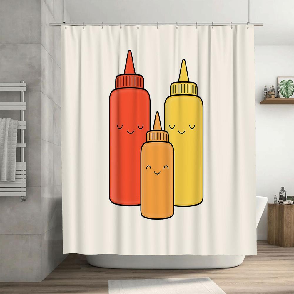 Funny Tomato Ketchup Shower Curtain Cute Food Bathroom Decor Anime Kitchen Backdrop Home Decor Novelty Washable Fabric