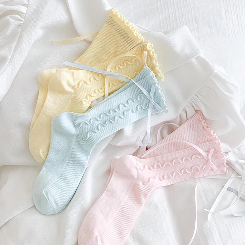 Womens Crew Ruffle Socks Cute Frilly Casual Socks Ribbon Bow Knit Cotton Lettuce Adorable Socks 3 Pack