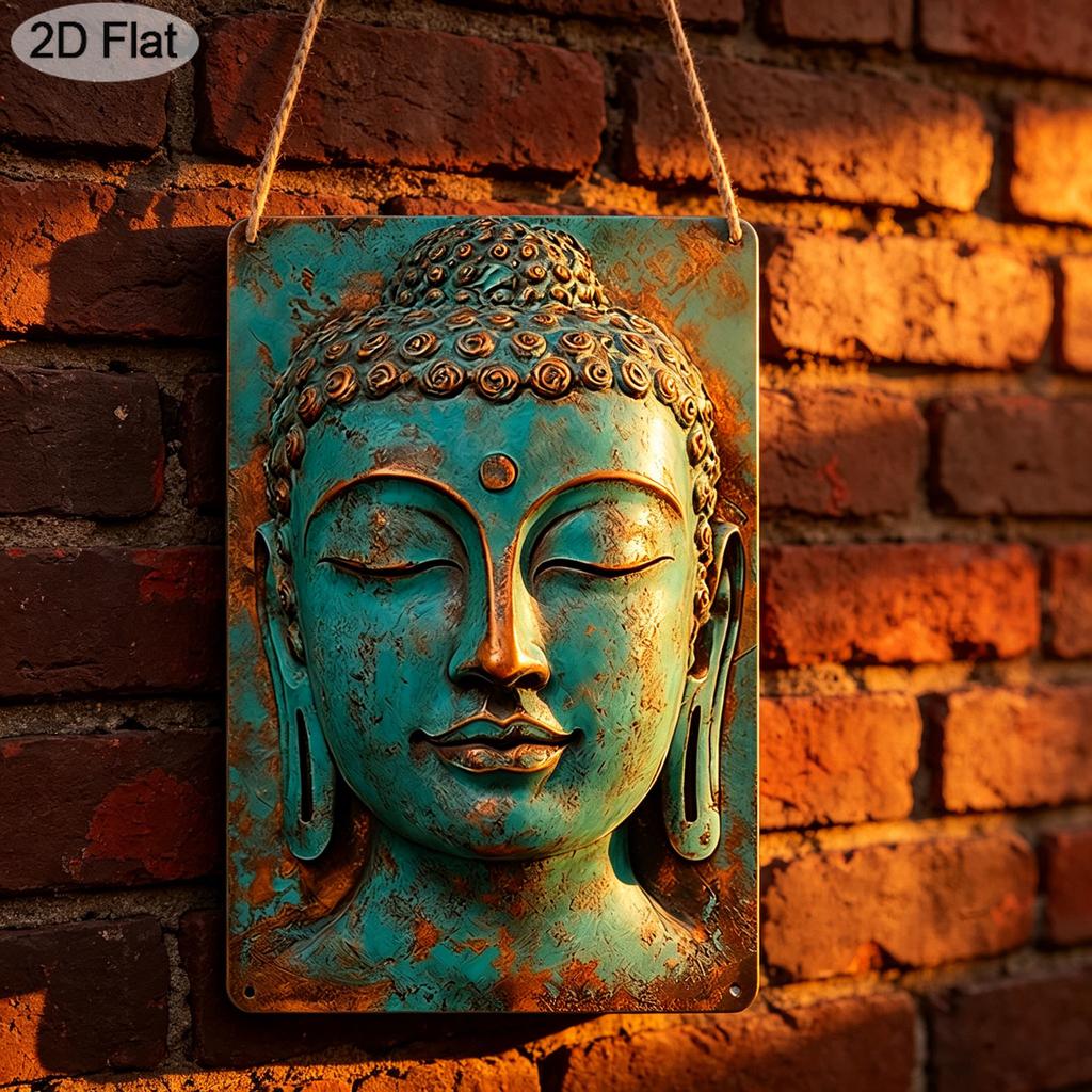 2D Flat 1pc Vintage Buddha Statue Aluminum Metal Sign with Pre-Drilled Holes, Wall Art Decor for Home, Club, Cafe, Fun Hanging Picture, 8x12 Inches