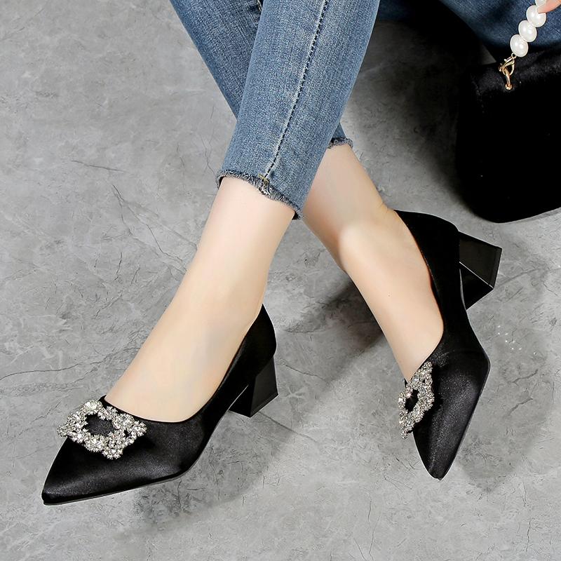Pointed Toe Chunky Heels Women's Shoes Rhinestone Diamond Ladies Pumps Square Block Heel with Crystals Medium Korean Style Young