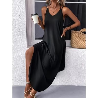 Solid Color High-end Round Neck Suspender Sexy Halter Dress