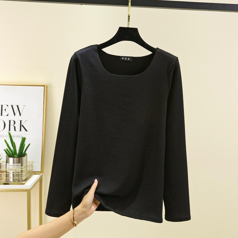 Women's Autumn/Winter Plus Size Fleece-Lined Brushed Round Neck Base Layer Top - Solid Color Warm Innerwear