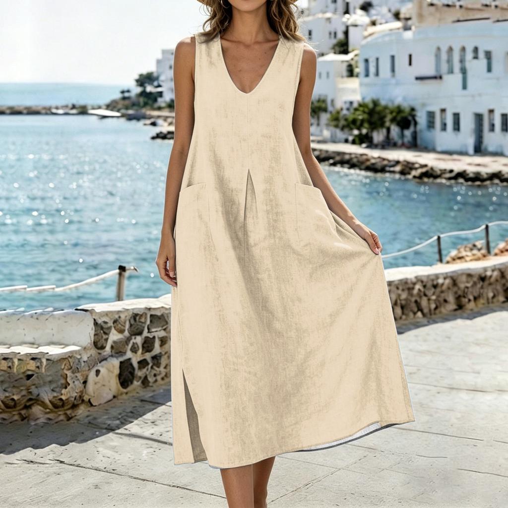 Sleeveless V Neck Midi Dress with Pockets Loose Fit Casual A Line Dress for Women Lightweight Summer Sundress