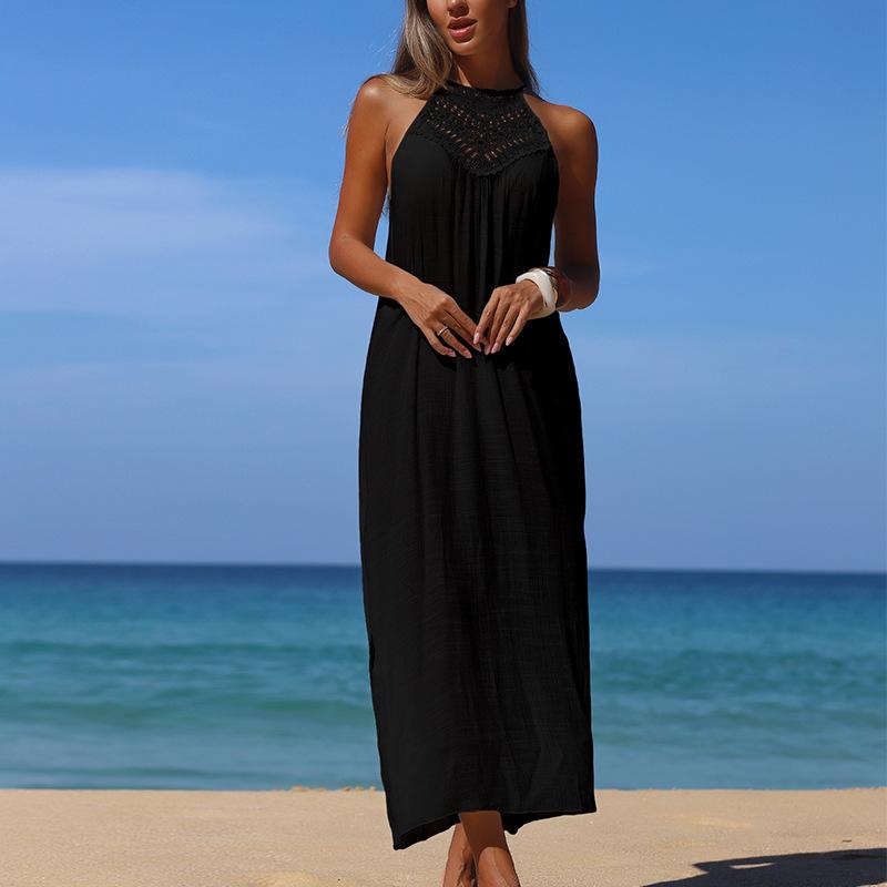 

Женское отпускное пляжное платье, вязаное крючком платье-халтер, сексуальное длинное платье-сарафан с боковым разрезом для защиты от солнца L чёрный