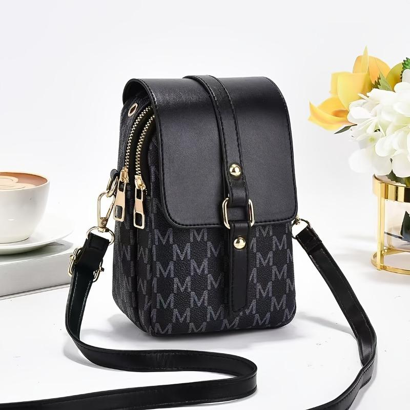 Fashion Monogram M Pattern Mini Crossbody Bag, Gold Hardware Flap Purse with Adjustable Strap, Chic Compact Bucket Bag for Women
